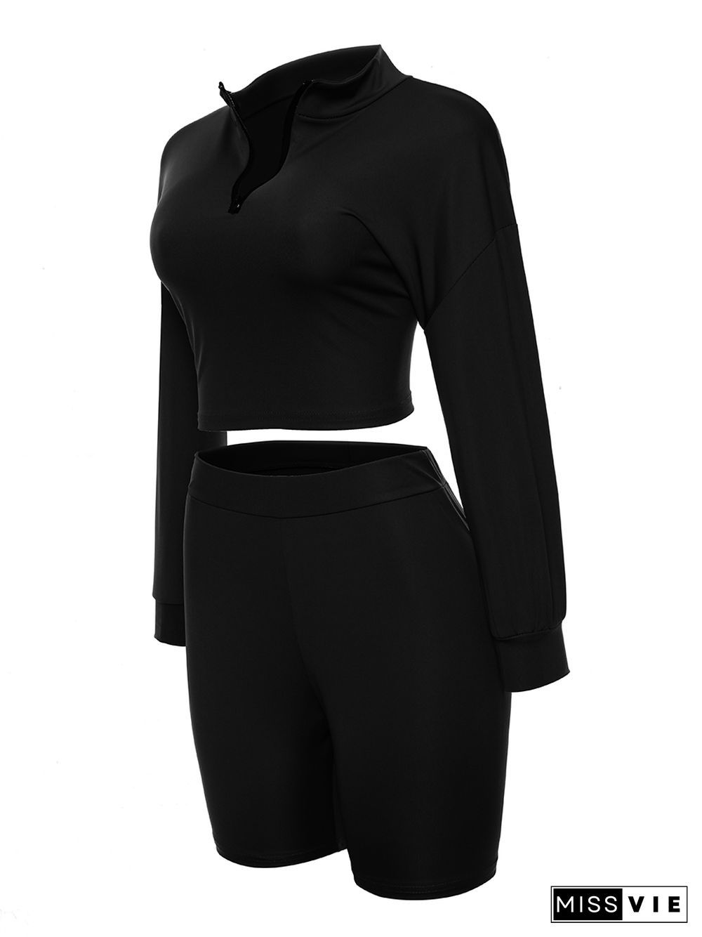 Black Sports Casual Stand Collar Zipper Two Pieces Pant Set