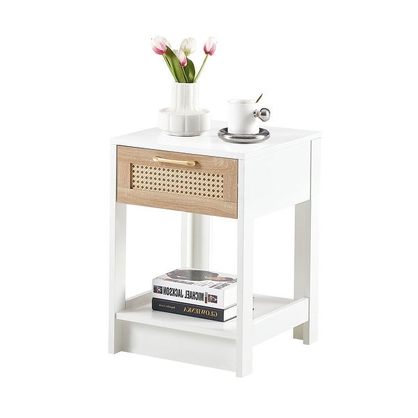 Rectangle MDF Rattan End Table with Drawer Modern Nightstand Side Table - 15.75*15.75