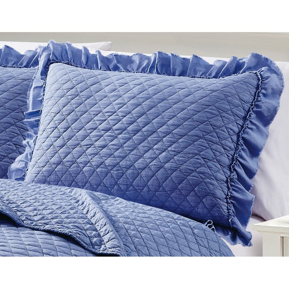 Stonewashed Super Soft Diamond Stitched with Ruffle Border Embroidered Quilt Set Blue