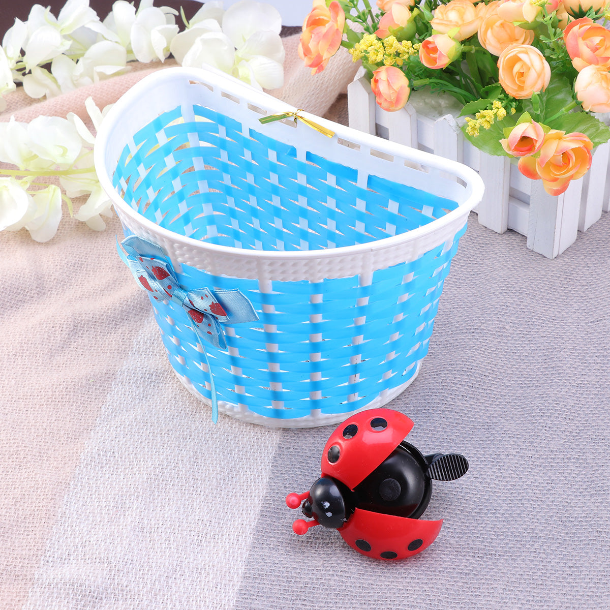 HEMOTON Bicycle Scooter Basket Children Bike Basket Plastic Knitted Bow Knot Front Handmade Bag