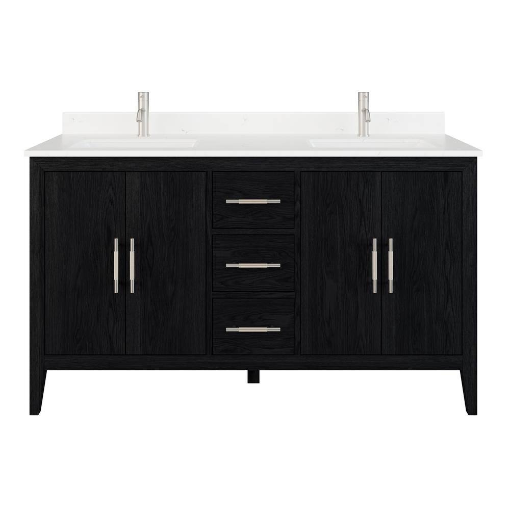 ART BATHE Vienna 60 in. W x 22 in. D Bath Vanity in Espresso Diamond Quartz Top with White Sink Power Bar and Drawer Organizer VA60ES