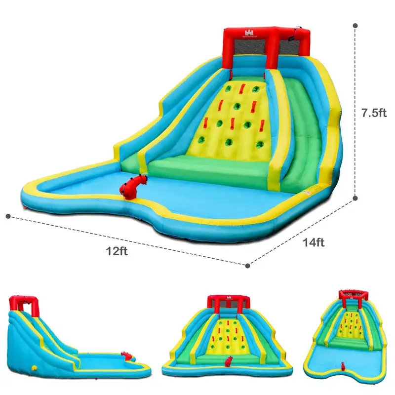 Outdoor Double Side Inflatable Water Slide Park with Large Climbing Wall & 750W Air Blower