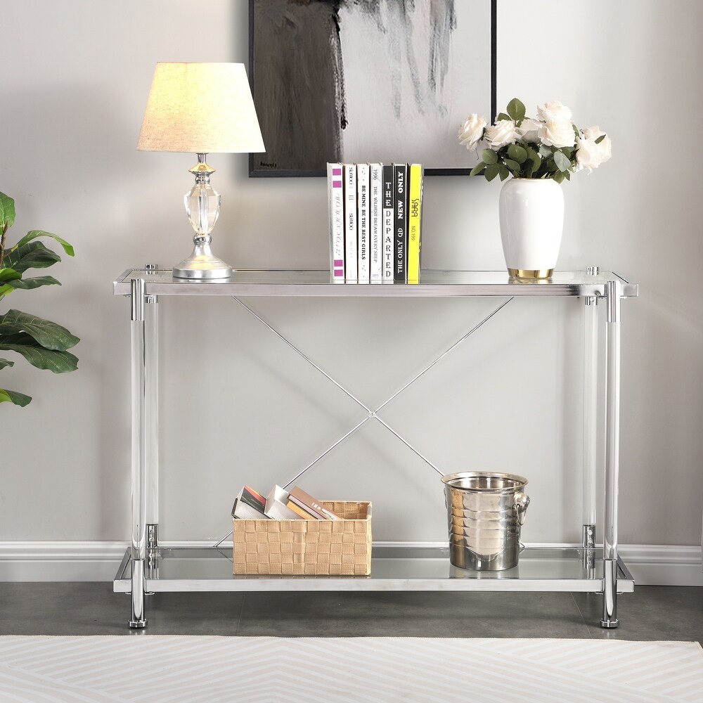 Acrylic Glass 2 Tier Console Table  Sturdy Metal Bracket