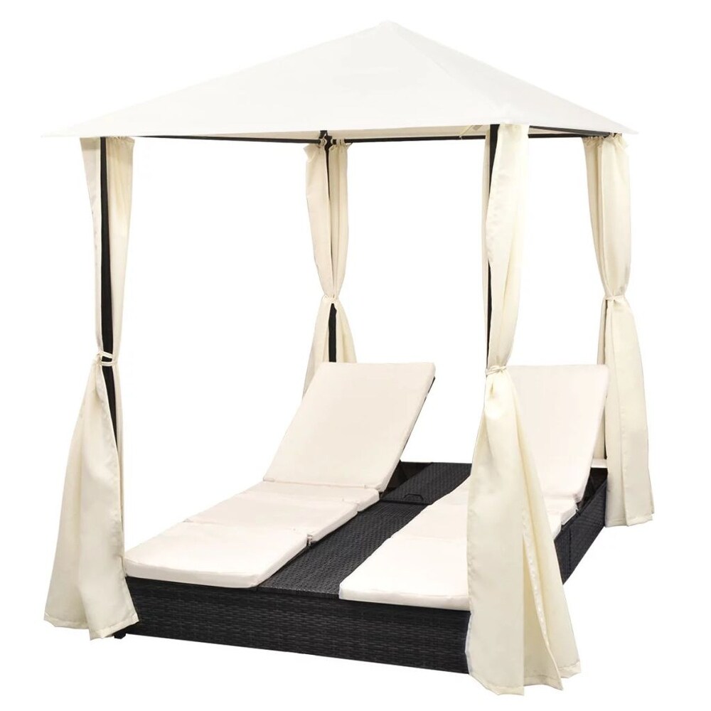 vidaXL Double Sun Lounger with Curtains Poly Rattan Black   77.6\