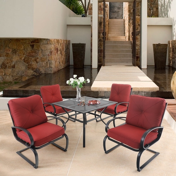 MAISON ARTS Metal Outdoor Patio Dining Sets 5 Pieces，4 Spring Motion Chairs with Cushions and 1 Square Metal Table