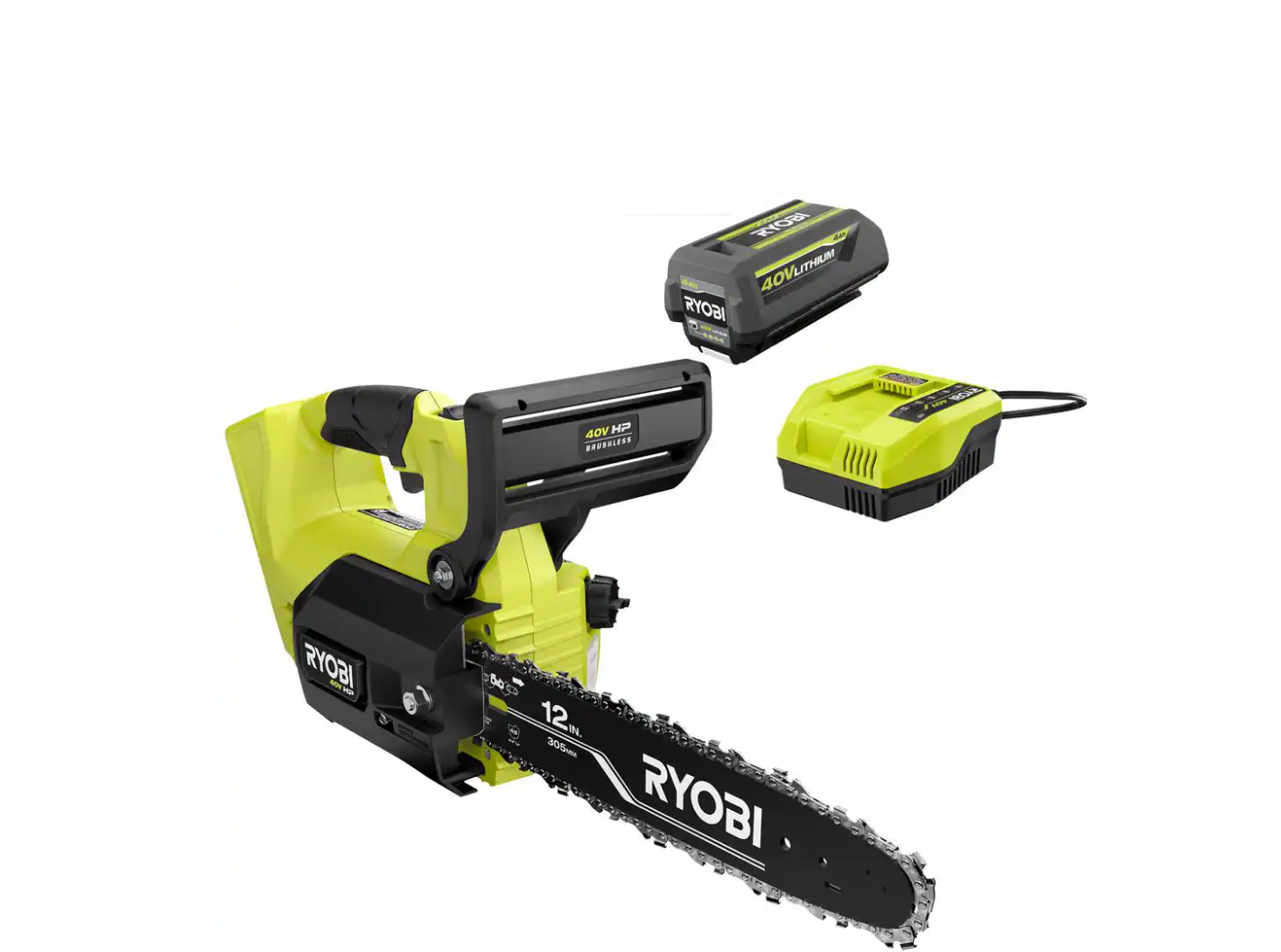 RYOBI RY40590 40V HP Brushless 12 in. Top Handle Cordless Battery Chainsaw with 4.0 Battery and Charger