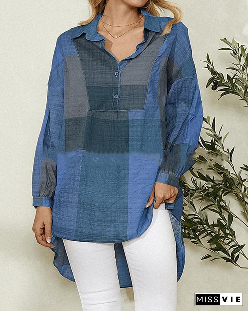 Contrast Color Block Shirt Collar Long Sleeve Casual Blouse For Women