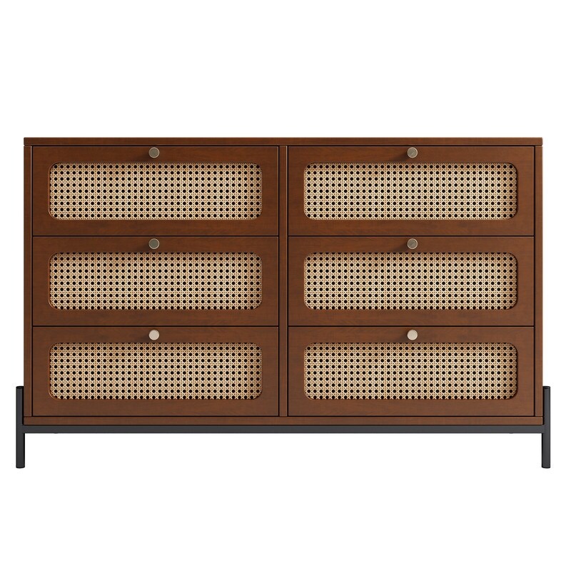 47'' Modern Solid Wood 6 Drawer Dresser with Rattan Decorative Doors (2 Colors）