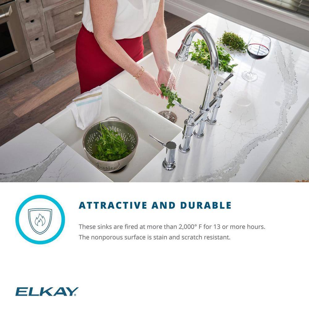 Elkay Explore Farmhouse Apron Front Fireclay 33 in. Double Bowl Kitchen Sink in White SWUF32189WH