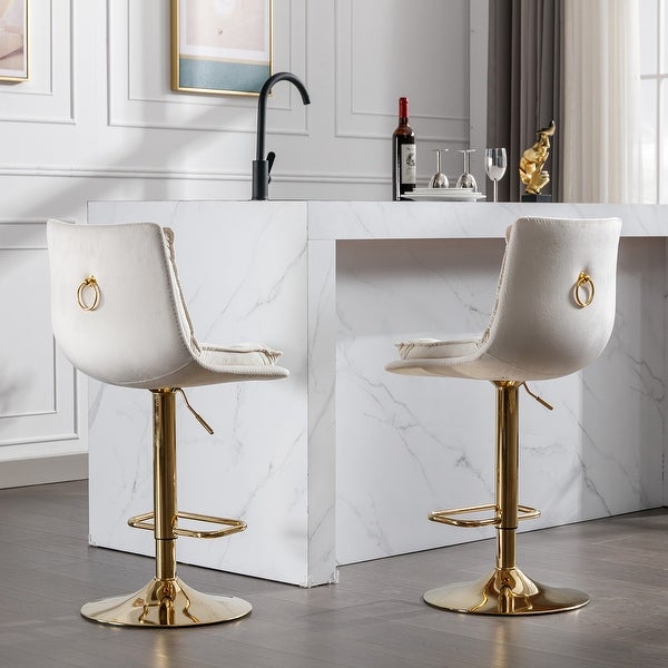 Set of 2 Bar Stools，with Chrome Footrest and Base Swivel Height Adjustable Mechanical Lifting Velvet and Golden Leg