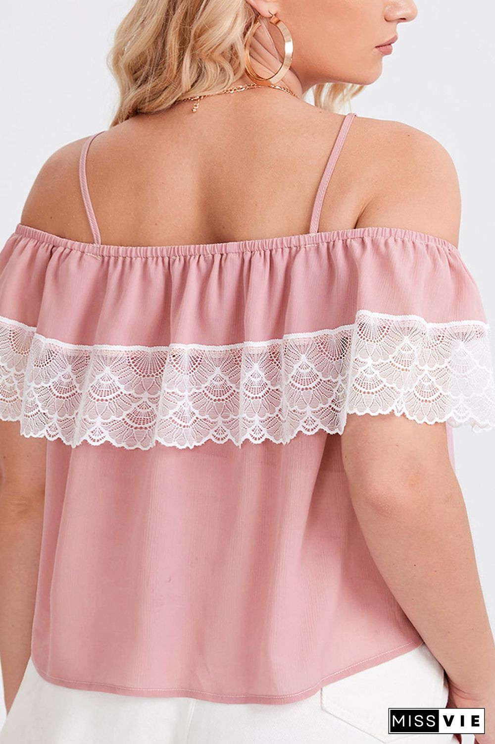 Pink Off Shoulder Lace Patchwork Plus Size Short Sleeves Top