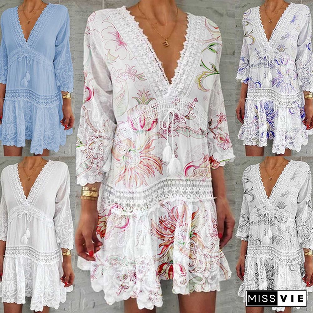 Women Fashion Casual Long Sleeve Floral Printed Holiday Bohemian Dress White Lace Dress Plus Size