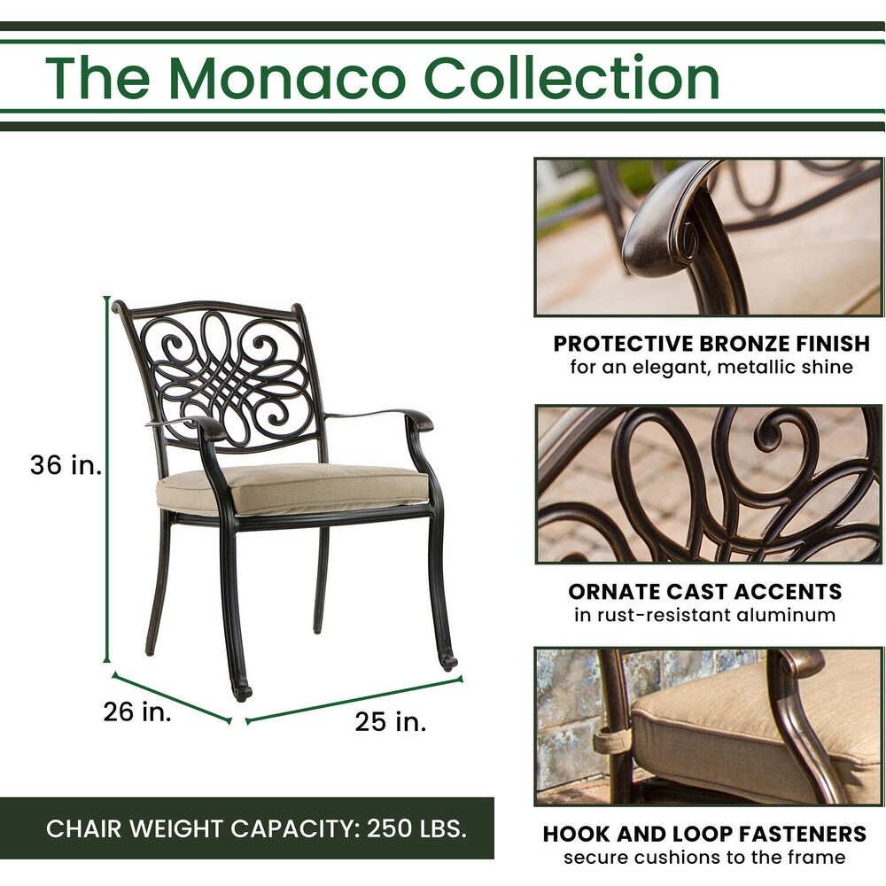 Hanover Monaco 7 Piece Dining Set in Tan with Six Dining Chairs  60 in. Tile Top Table and 9 Ft. Umbrella