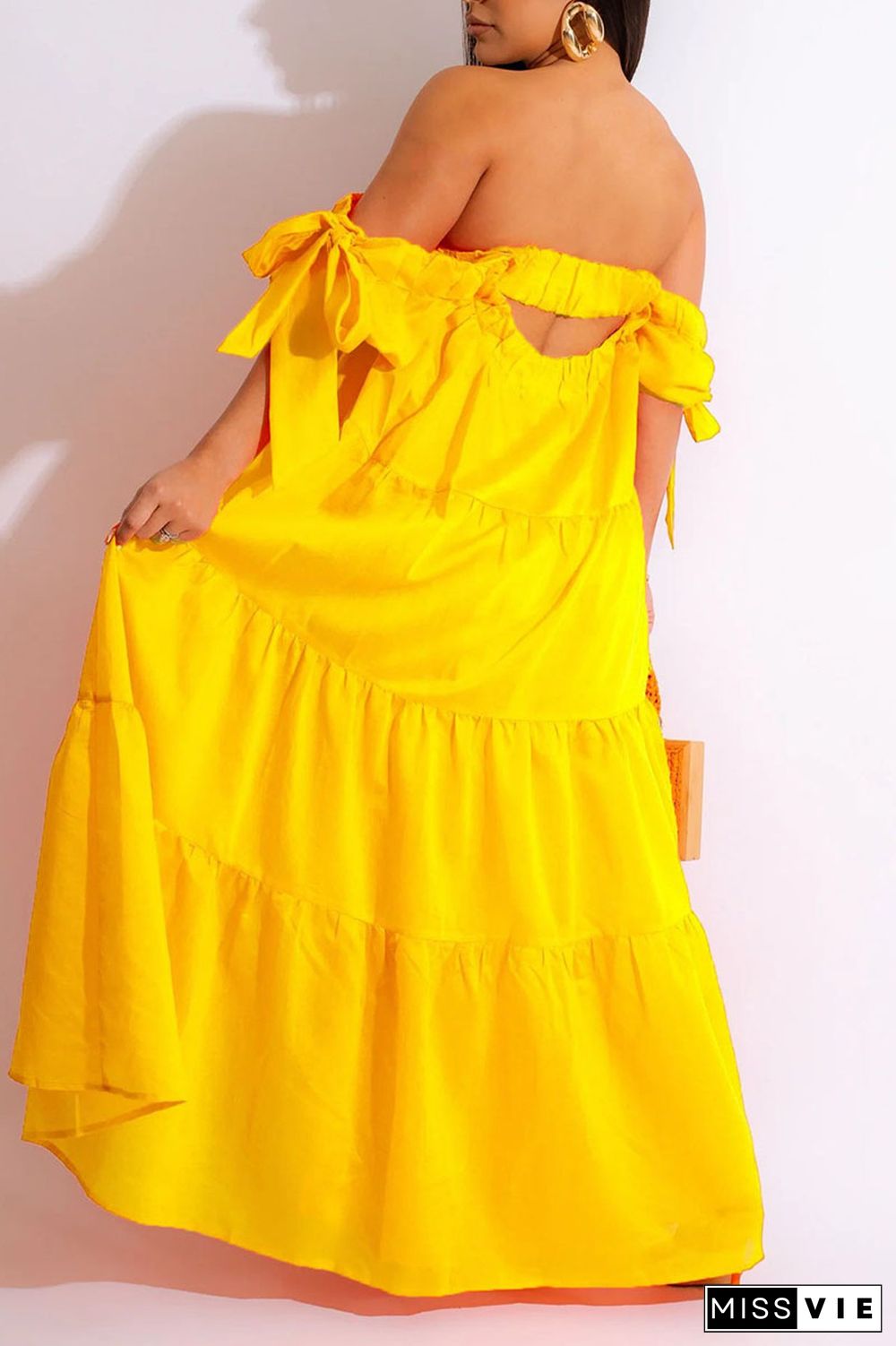 Yellow Casual Solid Patchwork Asymmetrical Off the Shoulder Straight Dresses