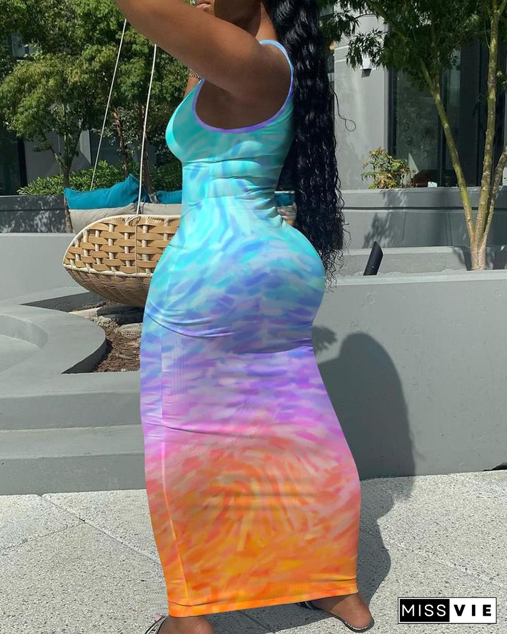 Tie Dye Print U-Neck Sleeveless Maxi Dress