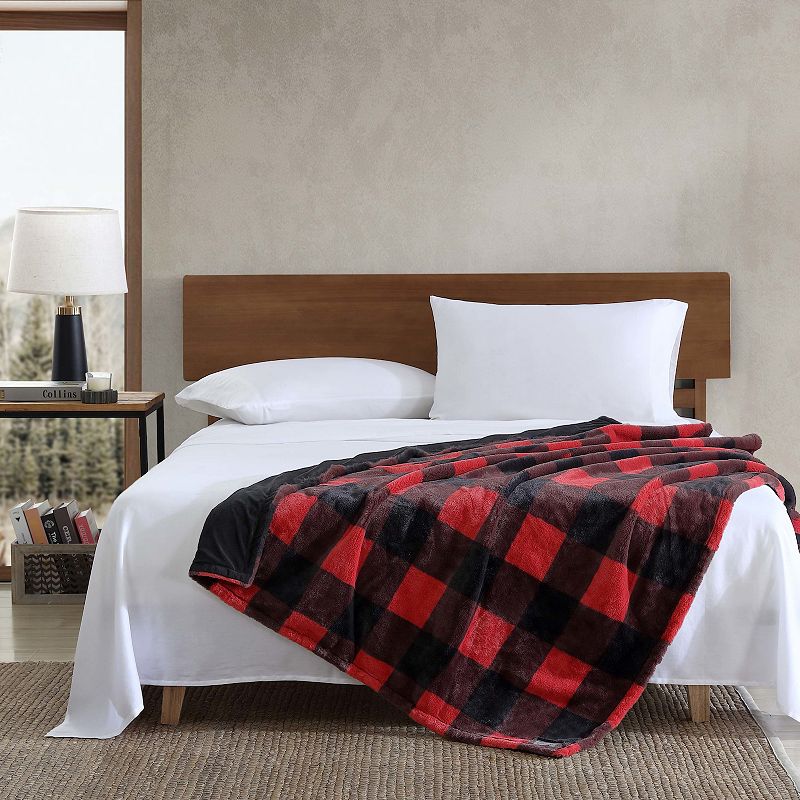 Eddie Bauer Cabin Buffalo Check Red Faux Fur Throw Blanket