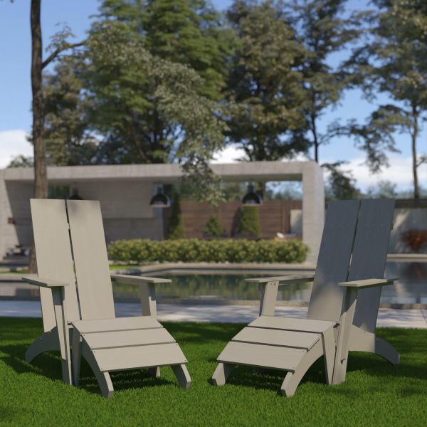 Set of 2 Sawyer Modern All-Weather Poly Resin Wood Adirondack Chairs with Foot Rests in Gray