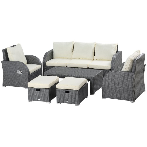 Outsunny 6 piece Outdoor Rattan Patio Sectional Sofa Set With 3 seat Couch 2 Recliners 2 Ottoman Footrests Coffee Table Conversation Set