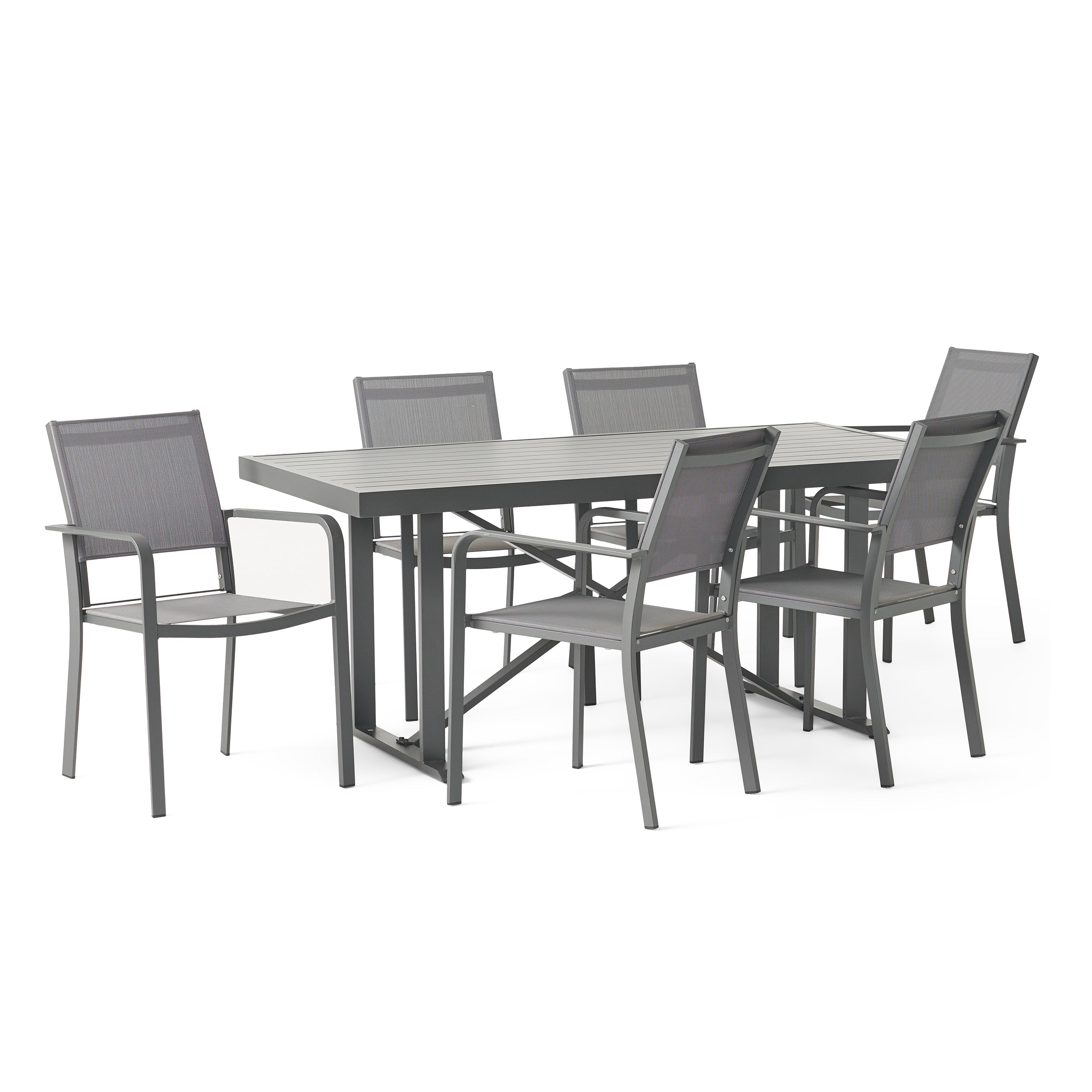 Atkinson Outdoor Modern Industrial Aluminum 7 Piece Dining Set with Mesh Seating