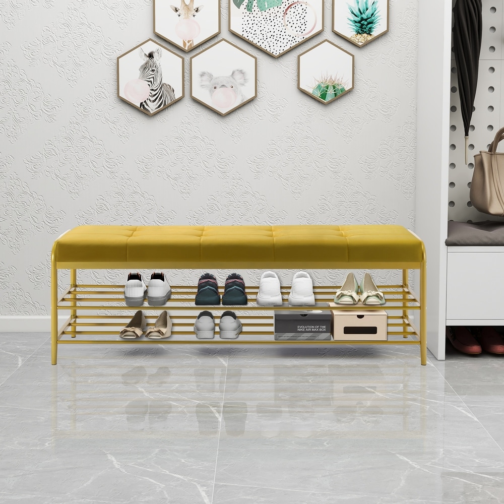 Shoe Storage Bench Yellow Velvet Footstool with Golden Metal Frame Bench for Bedroom End Standard Benches