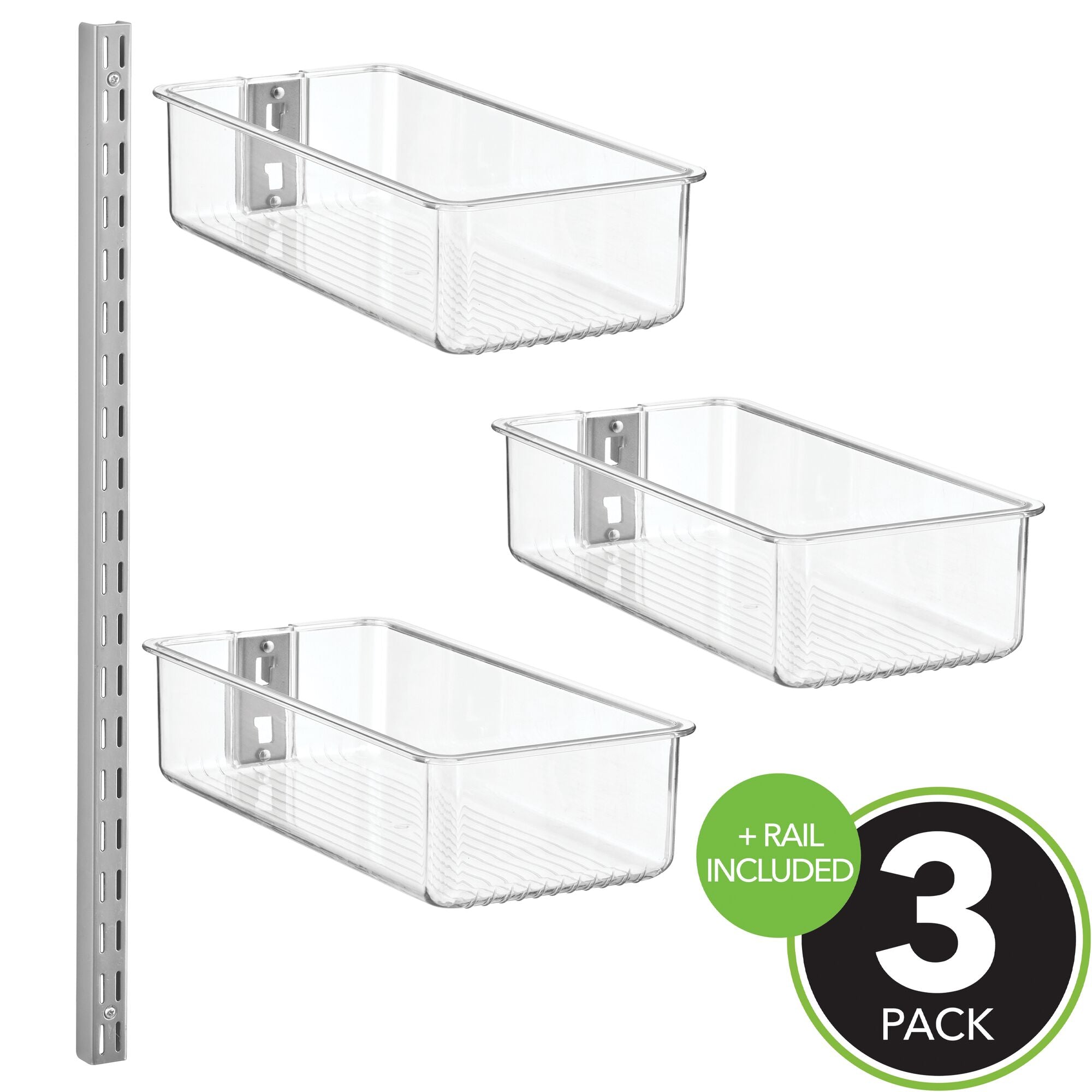 mDesign Plastic Wall Mount Bins with Metal Hanging Bar - Repositionable Bins - For Closet Storage and Organization - Holds Belts, Leggings, Shoes, Purses, Scarfs - Bins 3" high - 3 Bins + Rail - Clear