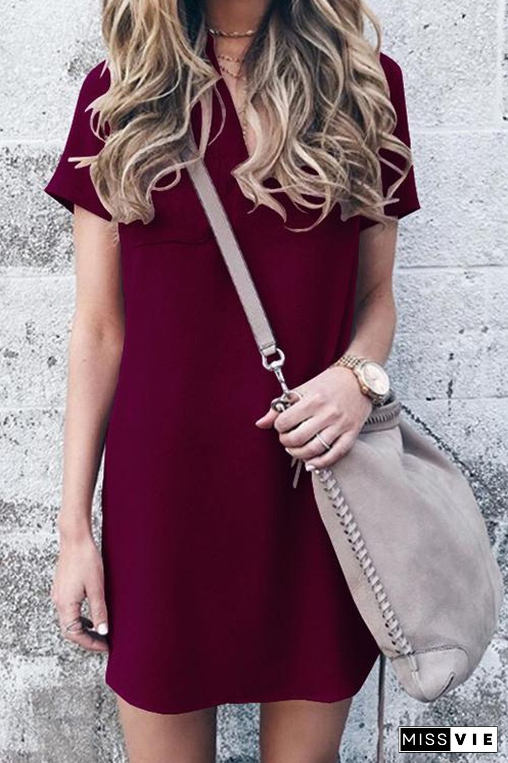 V-neck Solid Color Casual Dress