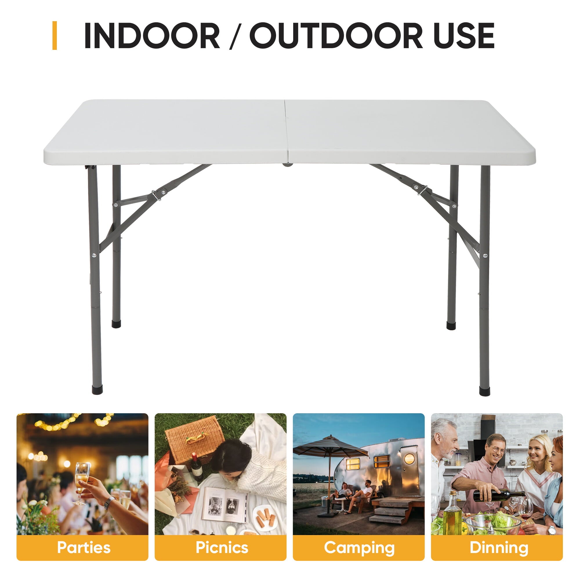 SuperDeal 4ft HDPE Folding Table Fold-in-Half Portable for Camping Picnic Dining W/Handle White