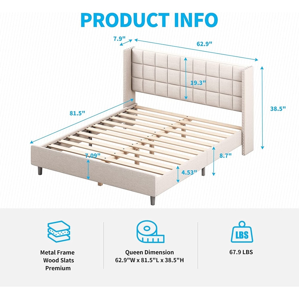 Mixoy Bed Frame  Bedroom Furniture  Premium Velvet  Wooden Bed Frame with Two Rows of Rivet Design