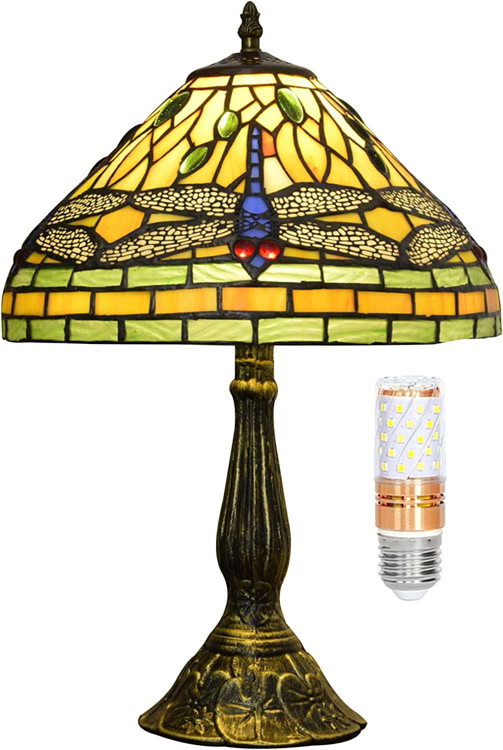 SHADY Tiffany Lamp Stained Glass Lamp Dragonfly Yellow Bedroom Table Lamp Reading Desk Light for Bedside Living Room Office Dormitory Dining Room Decorate  12x12x18 Include Light Bulb