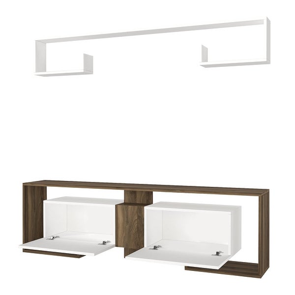 71 Inch Wooden TV Console Entertainment Media Center， 2 Piece Set， Wall Mounted Floating Shelf， White， Brown