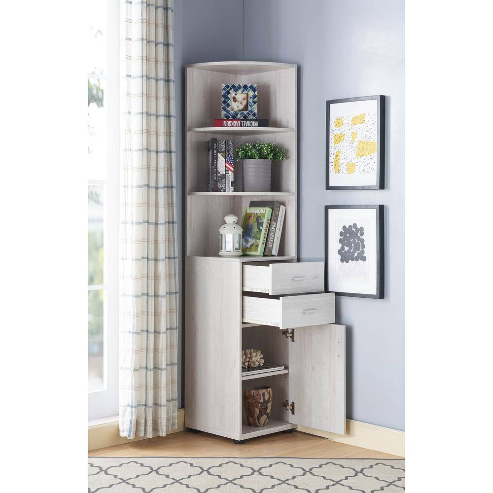 Furniture of America Hassan 70.75 in. H. Weathered Oak 6-Shelf Corner Bookshelf With Drawers IDI-202682