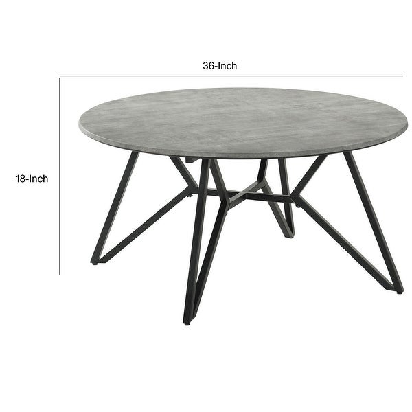 Dexi 36 Inch Coffee Table， Round Top， Geometric Metal Base， Cement Gray