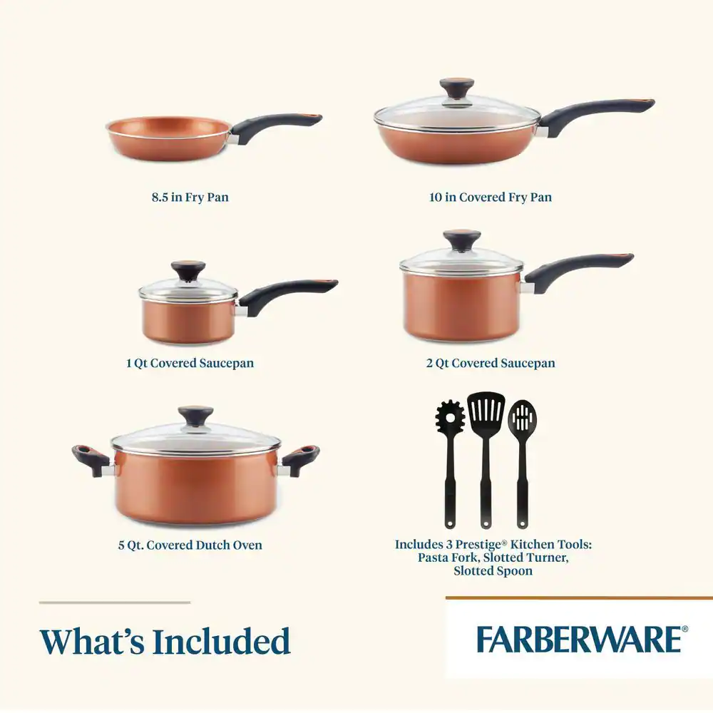 Farberware 10658 Glide 12-Piece Aluminum Ceramic Nonstick Cookware Set in Copper