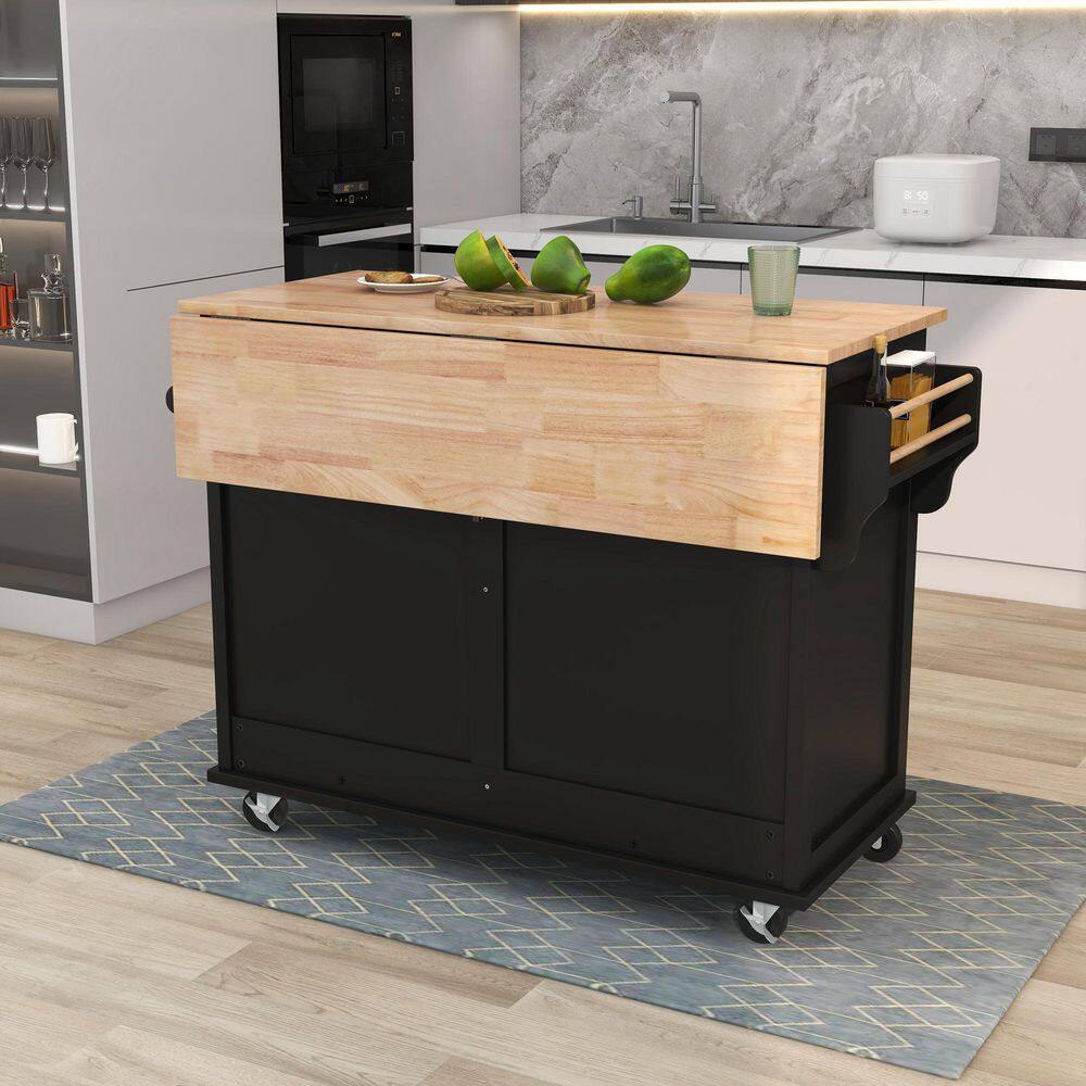 52.2 in. W x 20.5 in. D x 36.6 in. H Black Drop-Leaf Countertop Kitchen Island with Storage Cabinet and 2-Drawers wykkisland05