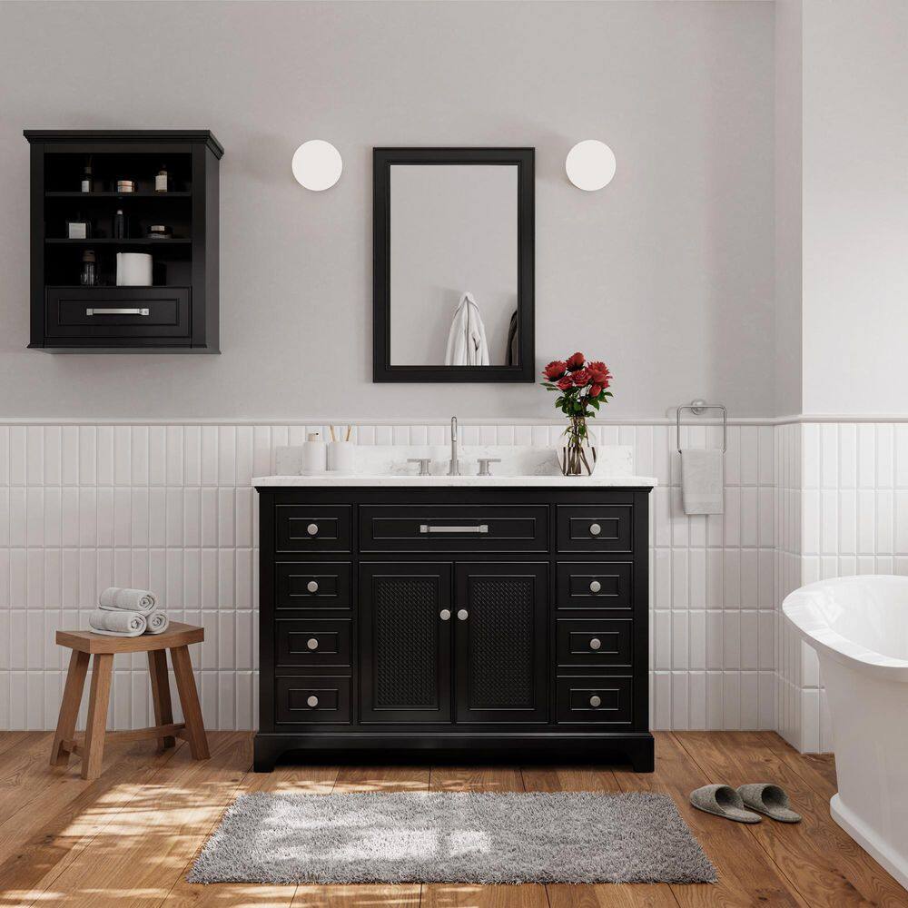 Home Decorators Collection Gillinger 48 in. W x 22 in. D x 35 in. H Bath Vanity in Black Rattan with White Engineered Carrara Top and Sink 1906VA48-312925