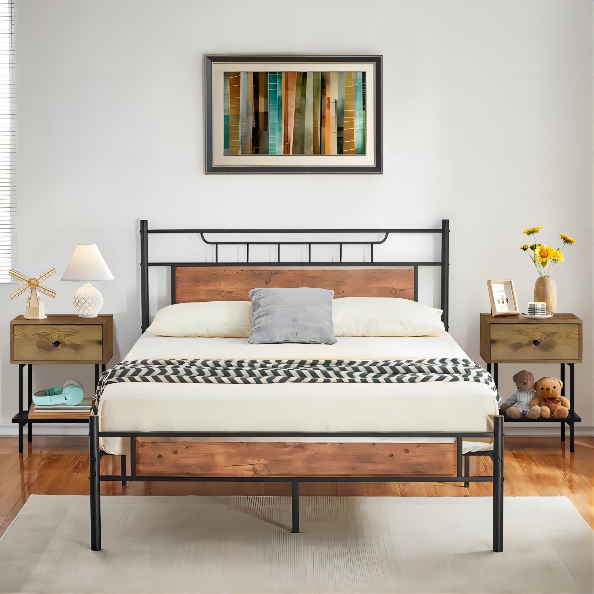 Industrial 3-Pieces Bedroom Set Platform Bed Frame and Nightstands Set of 2 - - 36913922