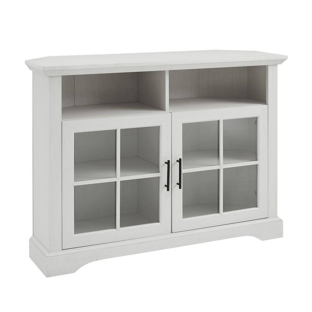 Welwick Designs 44 in. Brushed White Wood and Glass Traditional Window Pane 2-Door Tall Corner TV Stand Fits TVs up to 50 in. HD9061