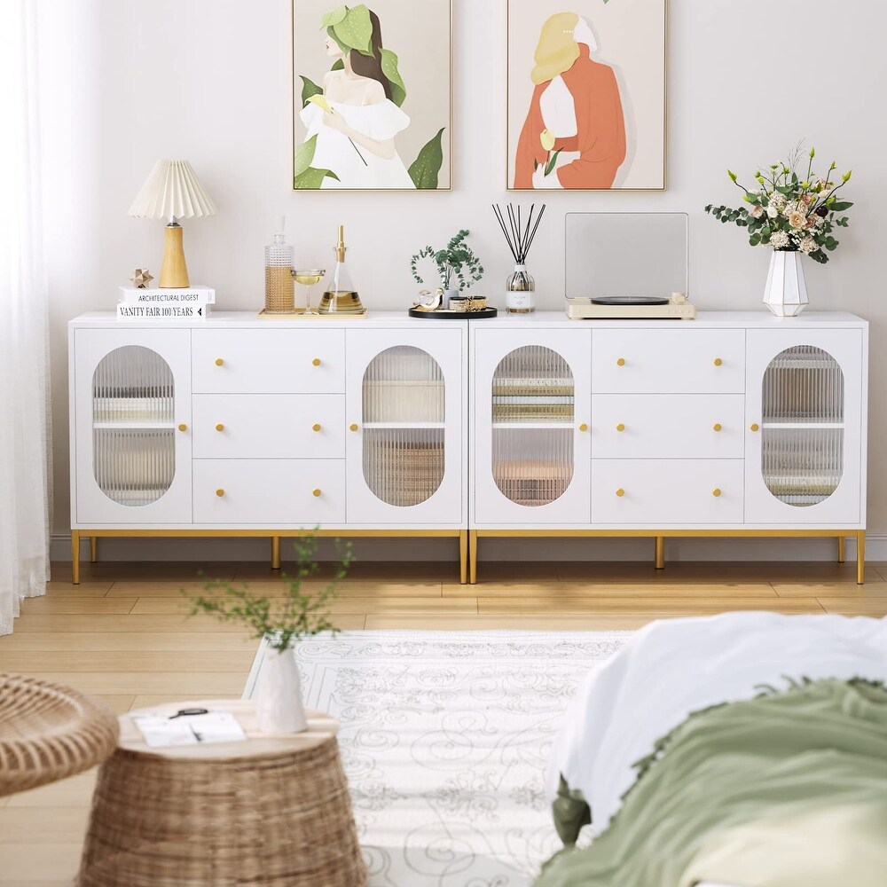 Dresser  Large White Dresser with Fluted Glass Doors and Gold Metal Legs  White Dresser for Bedroom  Modern Dresser Gold Dresser