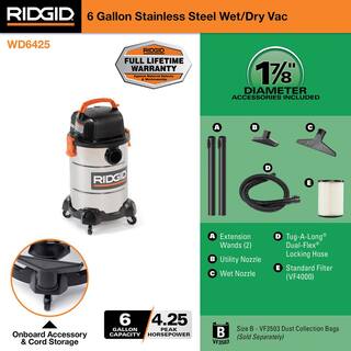 RIDGID 6 Gallon 4.25 Peak HP Stainless Steel WetDry Shop Vacuum with Filter Locking Hose and Accessories WD6425