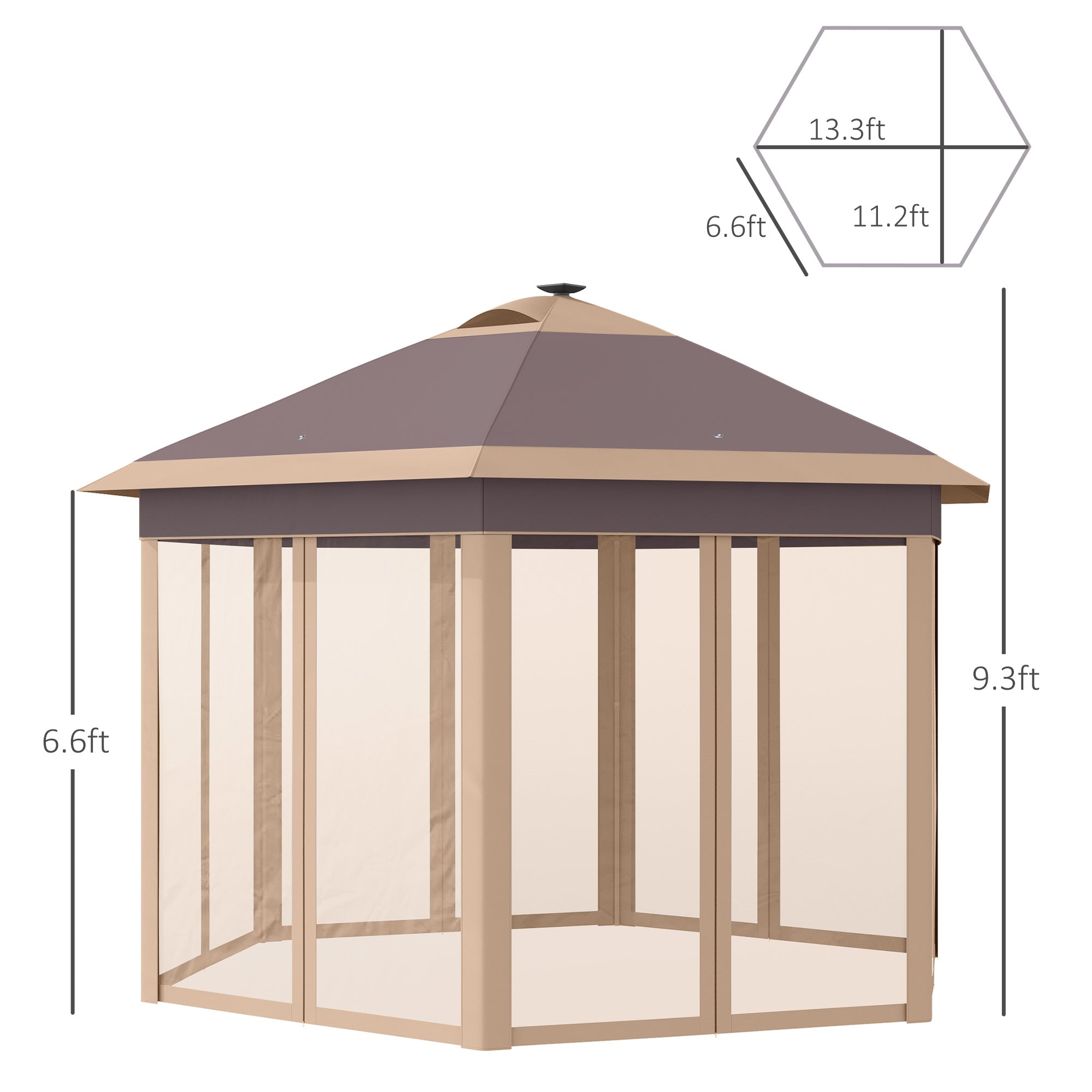 Outsunny 13' x 11' Pop Up Gazebo Tent, Hexagonal Canopy w/ Solar LED Light, Remote Control, Mesh Netting, Height Adjustable, Top Vents and Carrying Bag for Patio Garden Backyard, Beige