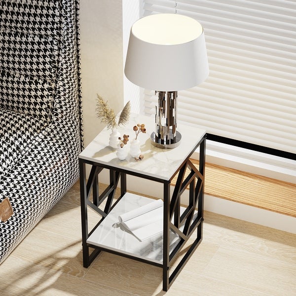 Metal Geometric-Base 2-Tier Marble End Table