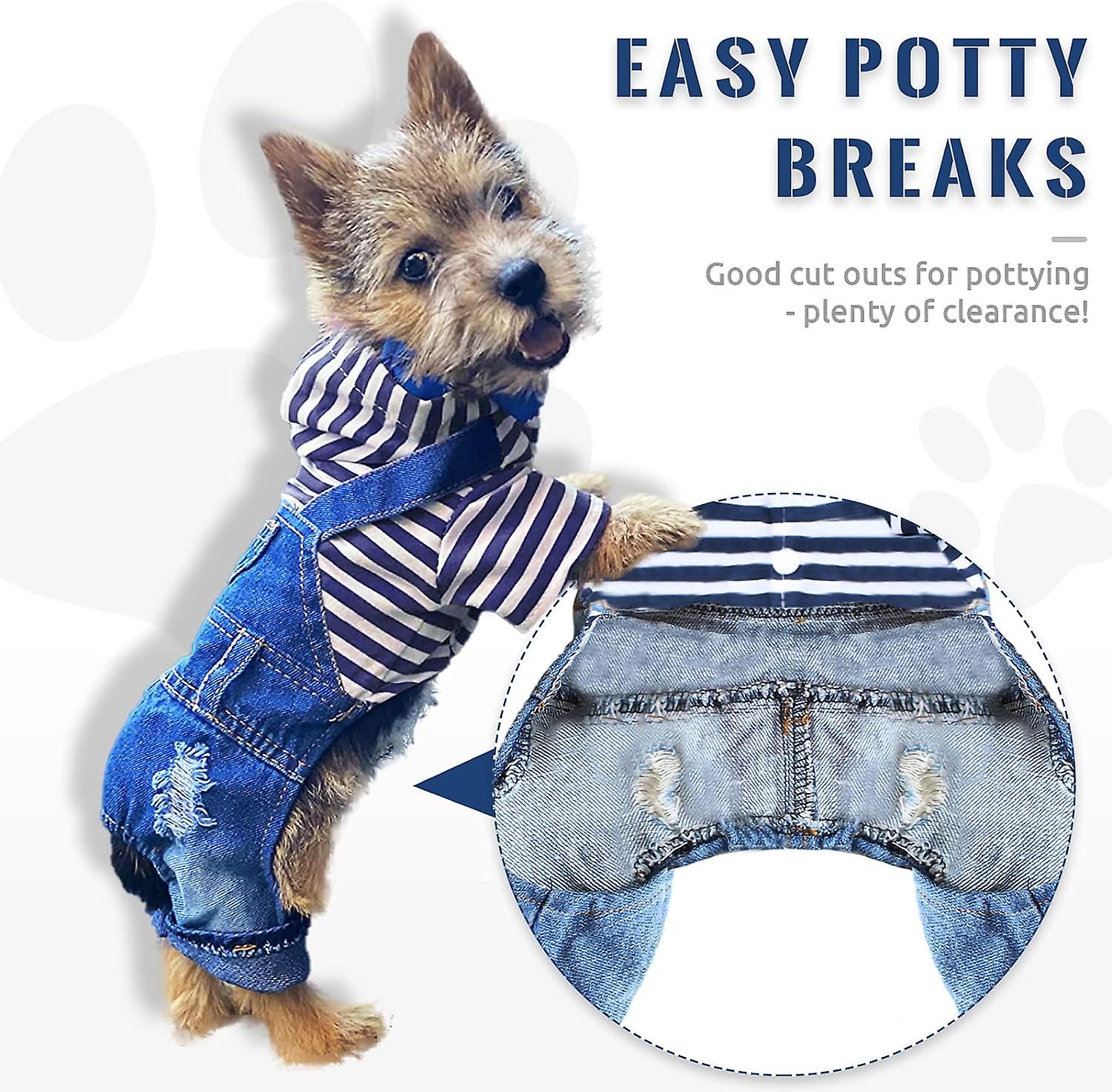 Small Dog Hoodie Clothes Cute Stripe Shirts Denim Jumpsuit One piece Outfit Cats Boy Girl Chihuahua Blue Jeans Overalls Puppy Costume (blue，xxl)