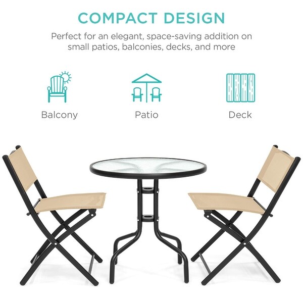 3Piece Patio Bistro Dining Furniture Set w/Textured Glass Tabletop，2 Folding Chairs，Steel Frame，Polyester Fabric