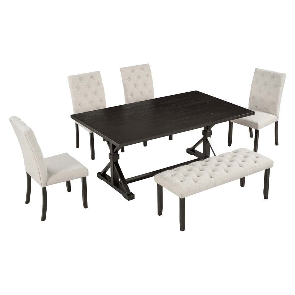 6 Piece Dining Table Set with Wood Table  4 Chairs and Bench