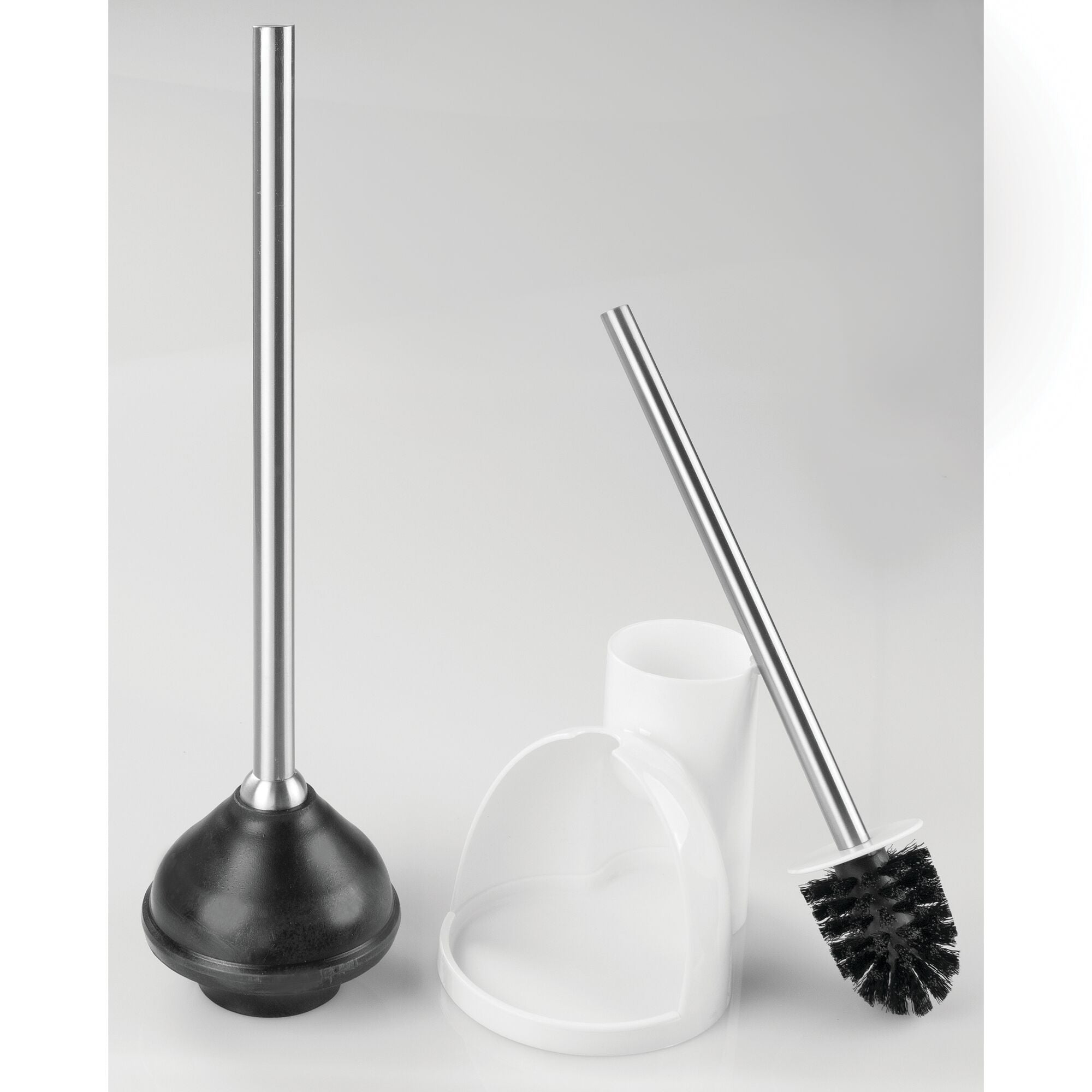 mDesign Compact Plastic Toilet Bowl Brush and Plunger Combo Set with Holder - Caddy for Bathroom Storage - Sturdy， Heavy Duty， Deep Cleaning - White/Brushed