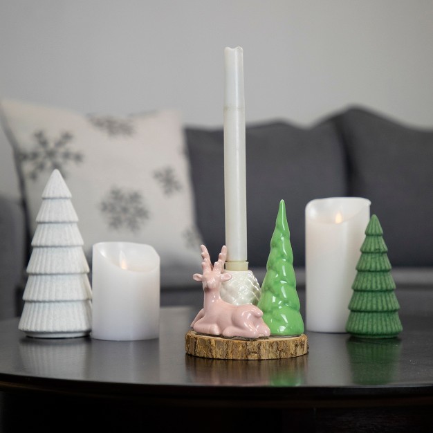 Pink Reindeer With Tree And Pine Cone Christmas Taper Candle Holder