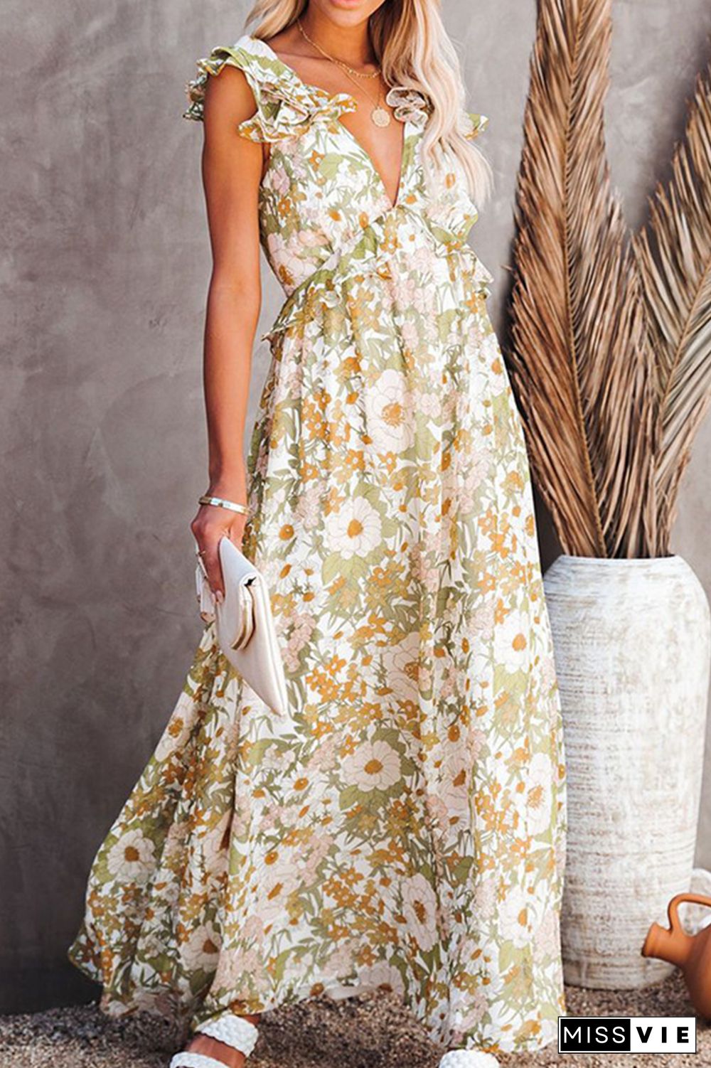 Fashion Elegant Floral Backless With Bow V Neck A Line Dresses