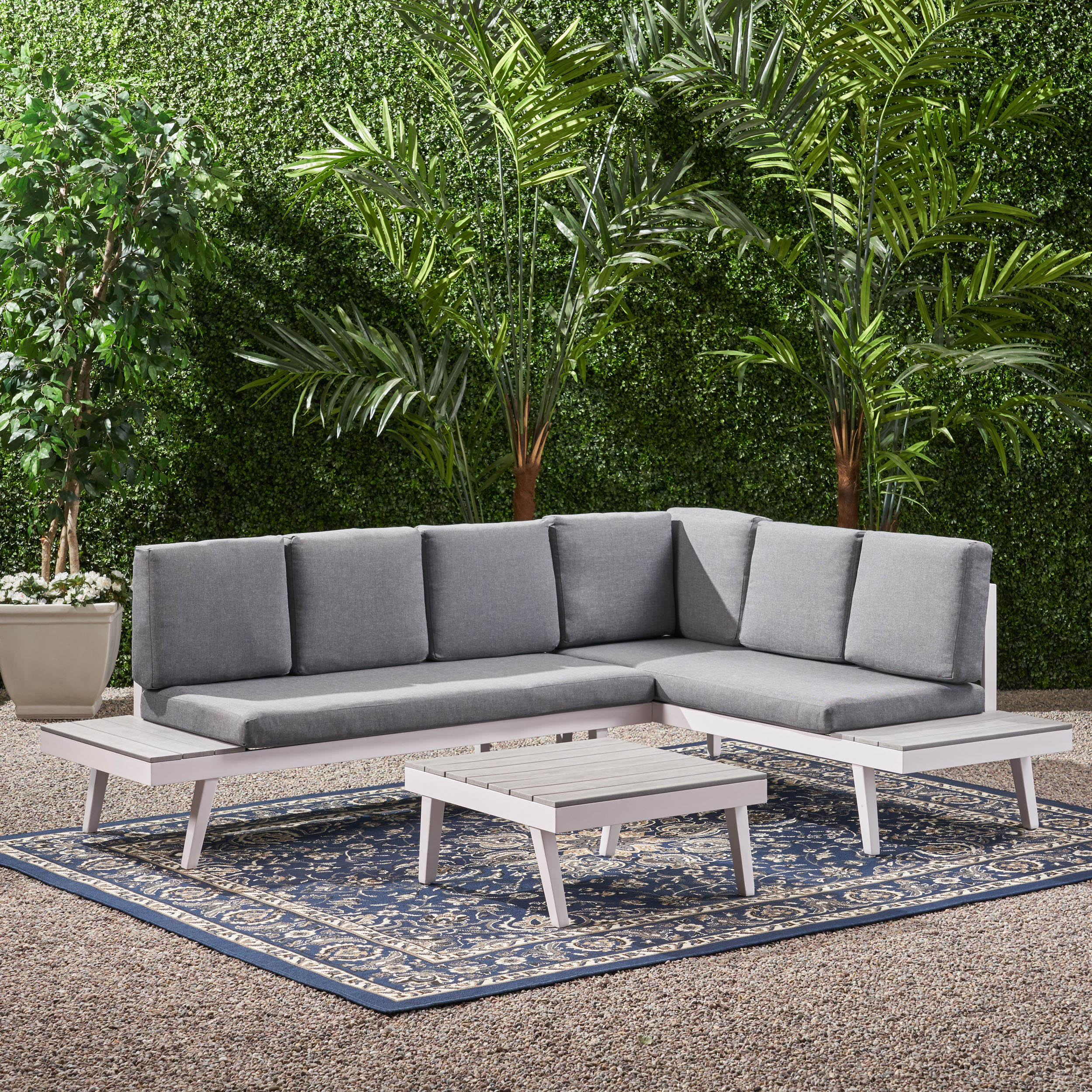 Taylor Outdoor Aluminum Sofa Sectional with Faux Wood Accents, White and Gray