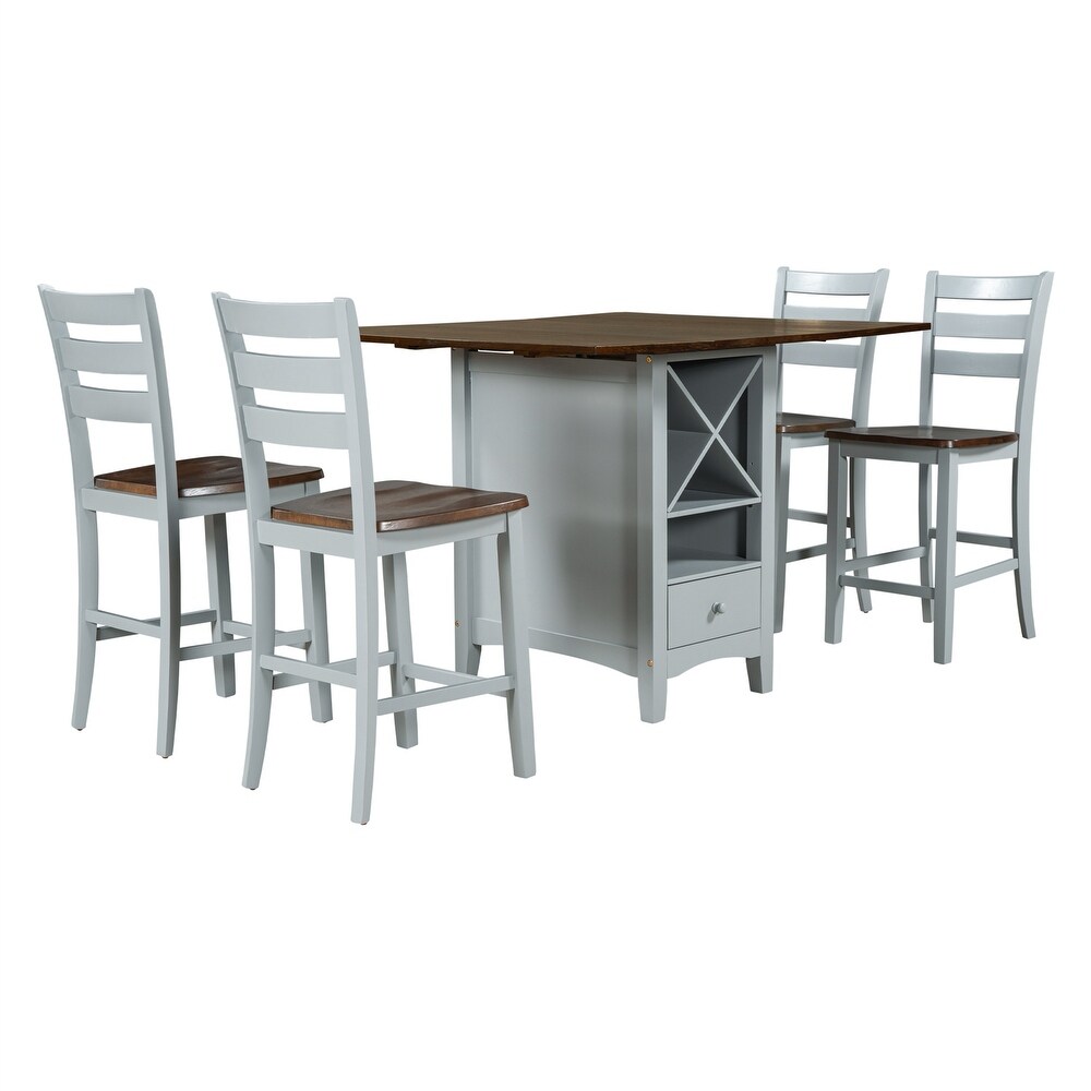 Wood 5 Piece Dining Table Set with Drop Leaf Kitchen Set Cherry Gray