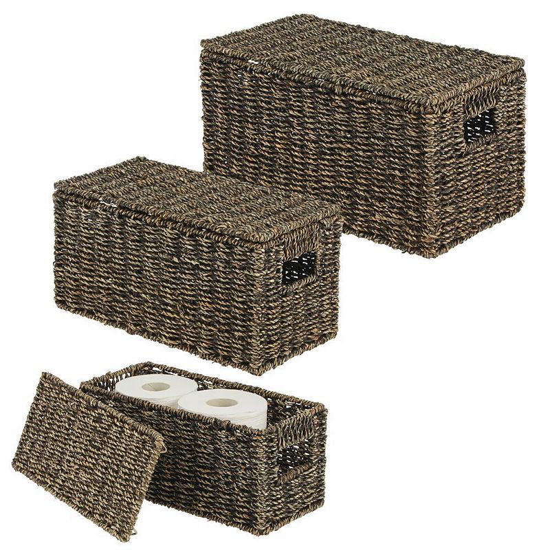 mDesign Woven Seagrass Home Storage Basket with Lid， Set of 3